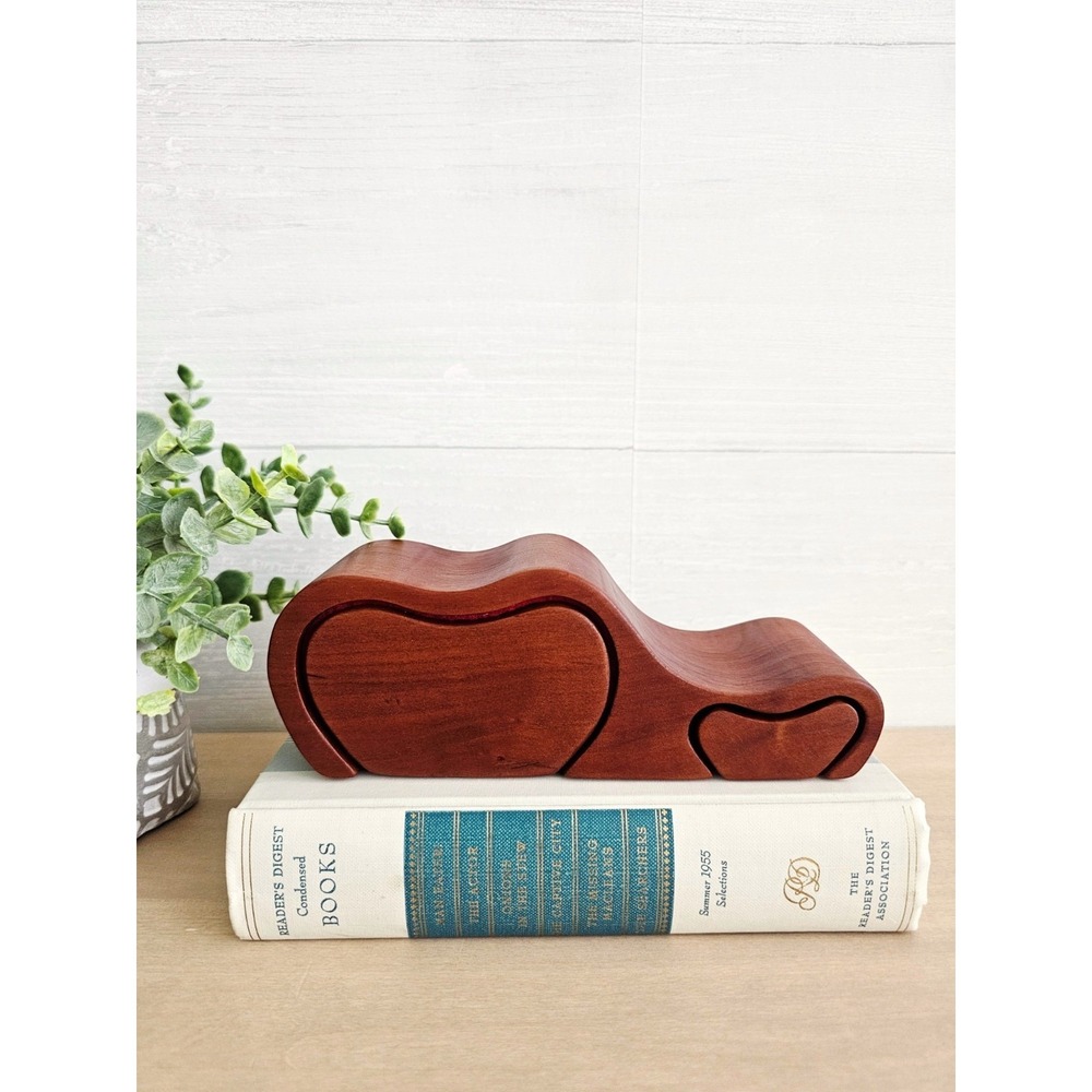 Handcrafted Wooden Jewelry Trinket Box, Sculpted Heart Design, and Two Drawers